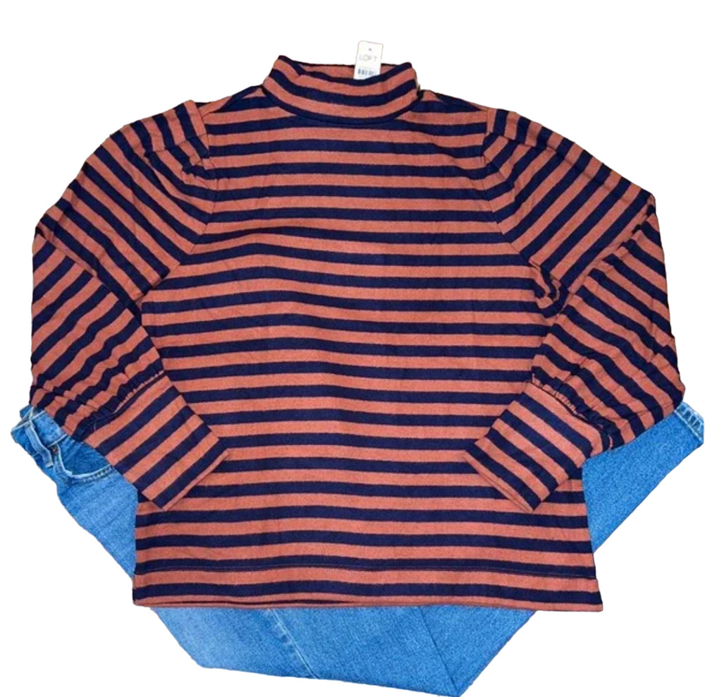 NWT Loft Rust/Brown & Navy Striped Soft Knit Mock Neck Top